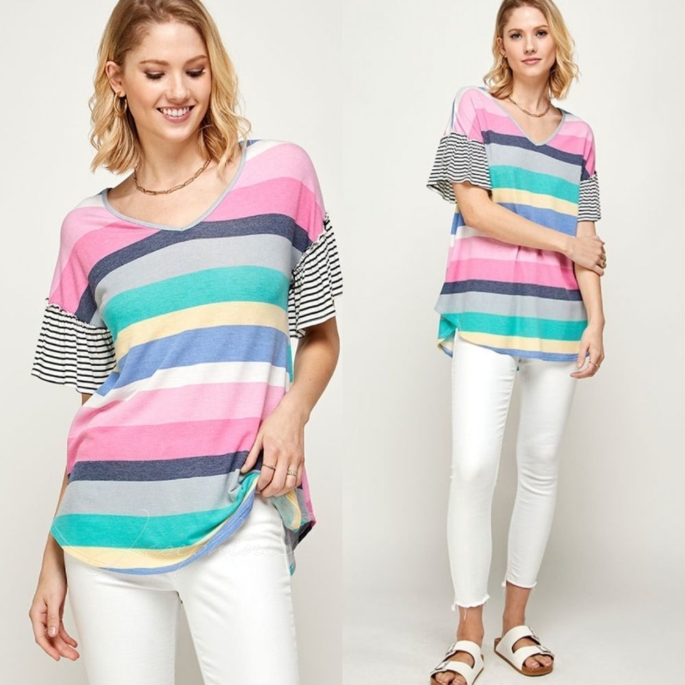 Pink Multi-Stripe Round Bottom Raffle Sleeve Top - Picture 4 of 6